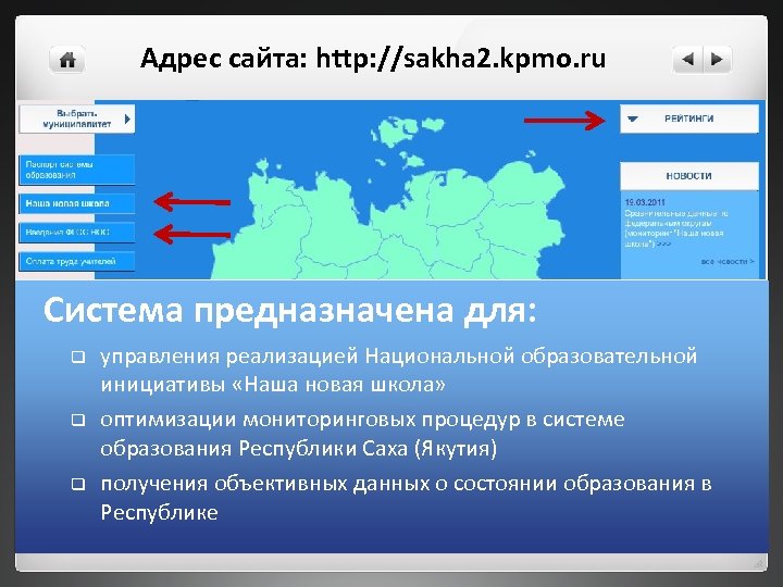 Адрес сайта: http: //sakha 2. kpmo. ru Система предназначена для: q q q управления