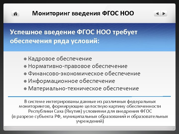 Мониторинг введения ФГОС НОО Успешное введение ФГОС НОО требует обеспечения ряда условий: l Кадровое