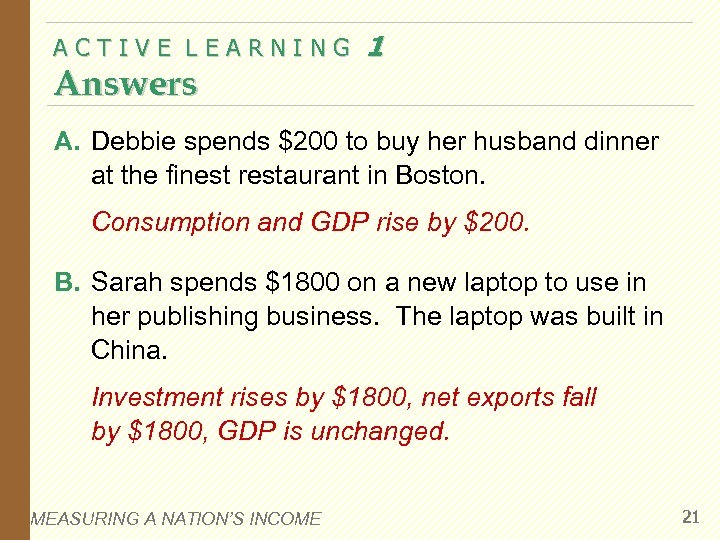 ACTIVE LEARNING Answers 1 A. Debbie spends $200 to buy her husband dinner at