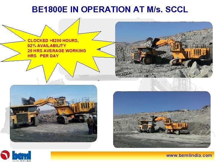 BE 1800 E IN OPERATION AT M/s. SCCL CLOCKED >8200 HOURS, 92% AVAILABILITY 20