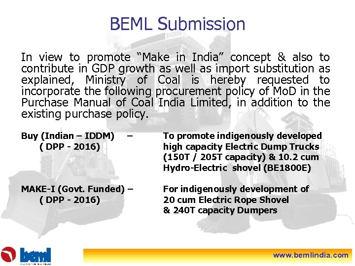 BEML Submission In view to promote “Make in India” concept & also to contribute