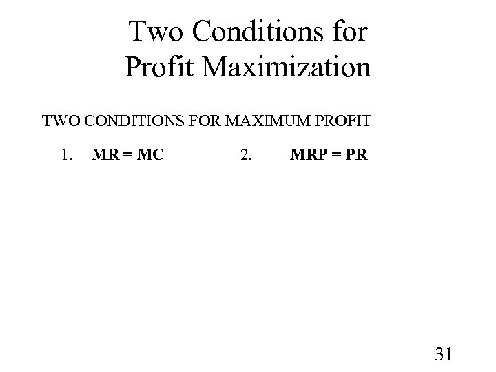 Two Conditions for Profit Maximization TWO CONDITIONS FOR MAXIMUM PROFIT 1. MR = MC
