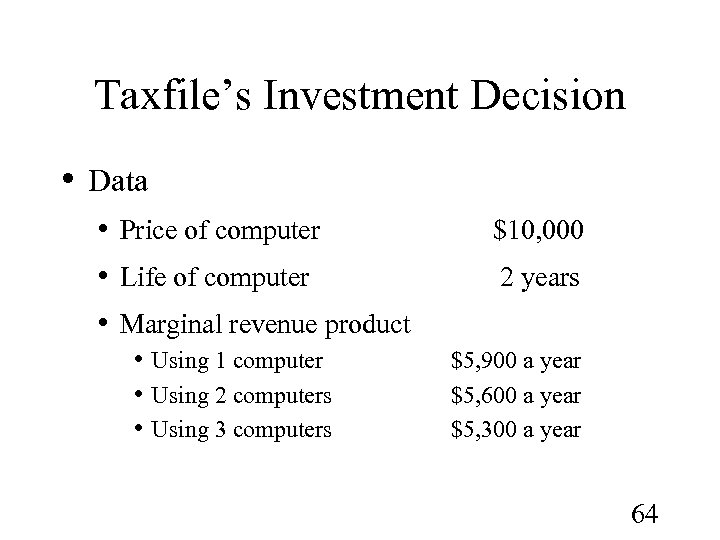 Taxfile’s Investment Decision • Data • Price of computer • Life of computer •