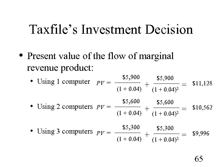 Taxfile’s Investment Decision • Present value of the flow of marginal revenue product: •