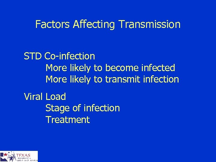Factors Affecting Transmission STD Co-infection More likely to become infected More likely to transmit