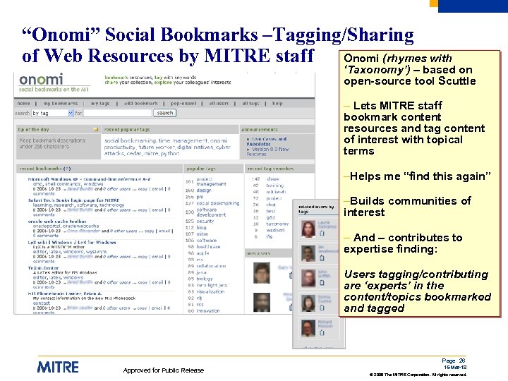 “Onomi” Social Bookmarks –Tagging/Sharing Onomi (rhymes with of Web Resources by MITRE staff ‘Taxonomy’)