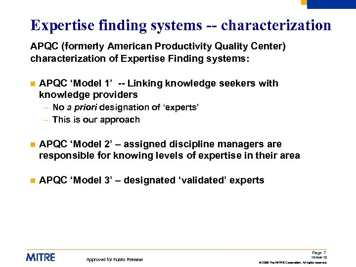 Expertise finding systems -- characterization APQC (formerly American Productivity Quality Center) characterization of Expertise