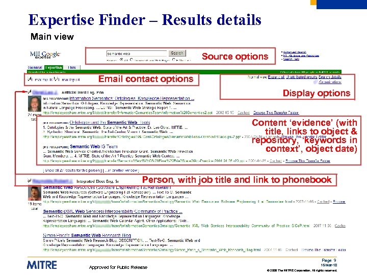Expertise Finder – Results details Main view Source options Email contact options Display options