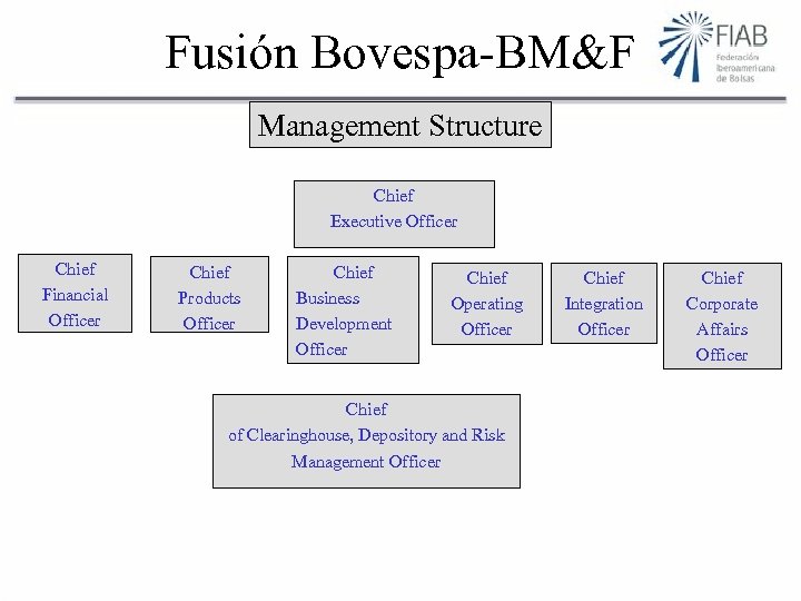 Fusión Bovespa-BM&F Management Structure Chief Executive Officer Chief Financial Officer Chief Products Officer Chief