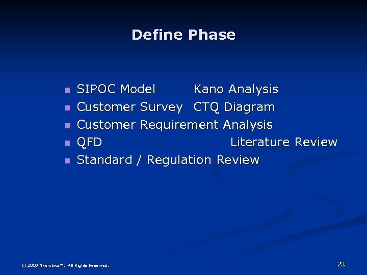 Define Phase SIPOC Model Kano Analysis Customer Survey CTQ Diagram Customer Requirement Analysis QFD