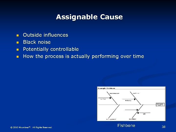 Assignable Cause Outside influences Black noise Potentially controllable How the process is actually performing