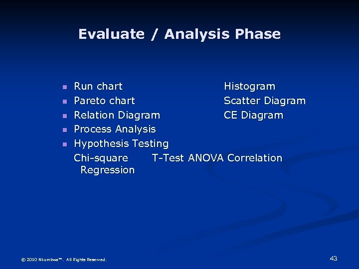 Evaluate / Analysis Phase Run chart Histogram Pareto chart Scatter Diagram Relation Diagram CE