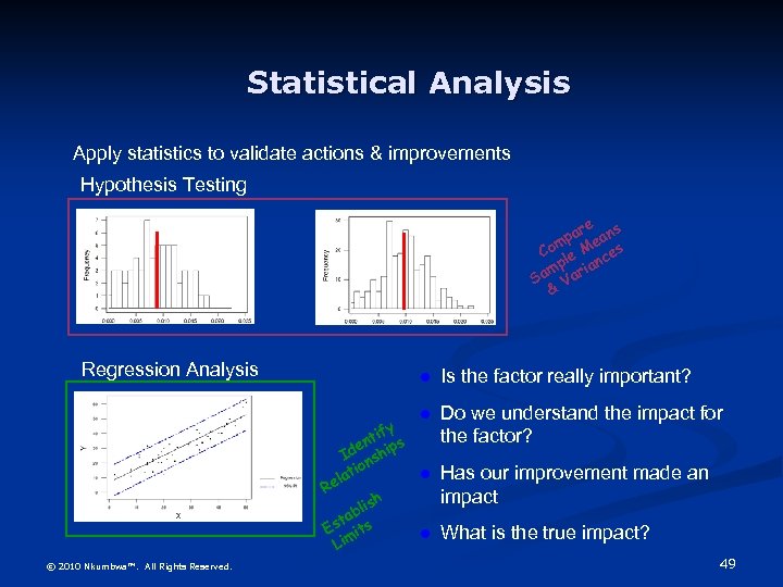 Statistical Analysis Apply statistics to validate actions & improvements Hypothesis Testing re s pa