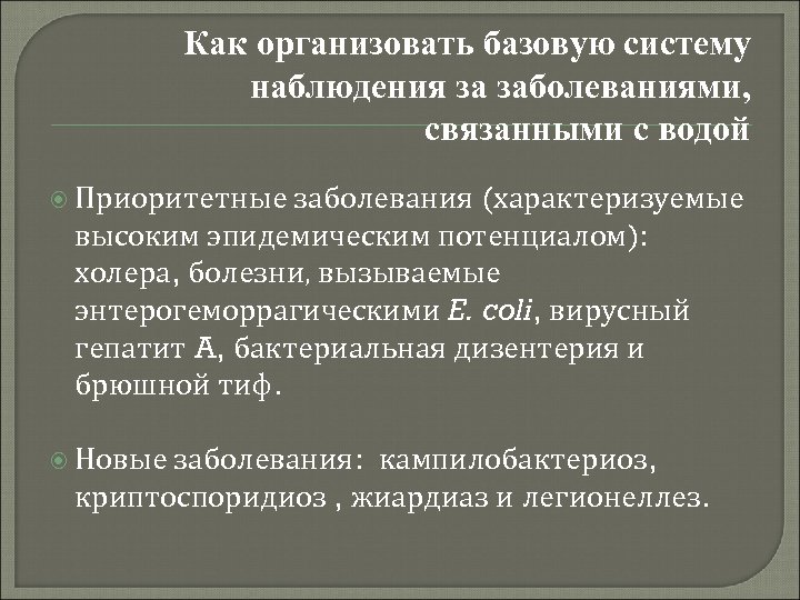 Как организовать базовую систему наблюдения за заболеваниями, связанными с водой Приоритетные заболевания (характеризуемые высоким