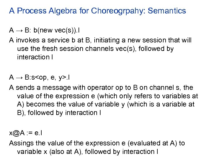 A Process Algebra for Choreogrpahy: Semantics A → B: b(new vec(s)). I A invokes