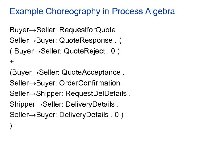 Example Choreography in Process Algebra Buyer→Seller: Requestfor. Quote. Seller→Buyer: Quote. Response. ( ( Buyer→Seller: