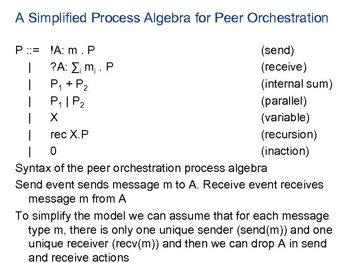 A Simplified Process Algebra for Peer Orchestration P : : = !A: m. P
