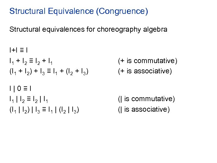 Structural Equivalence (Congruence) Structural equivalences for choreography algebra I+I ≡ I I 1 +