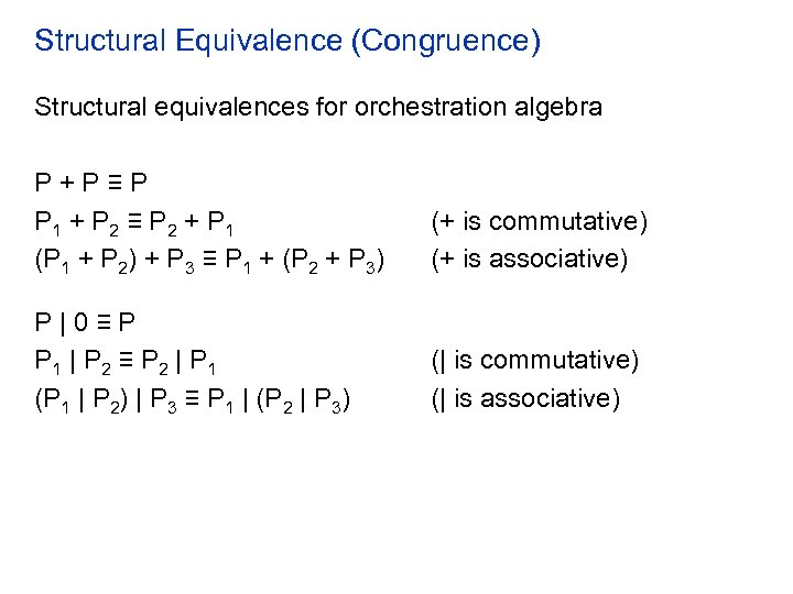 Structural Equivalence (Congruence) Structural equivalences for orchestration algebra P+P≡P P 1 + P 2