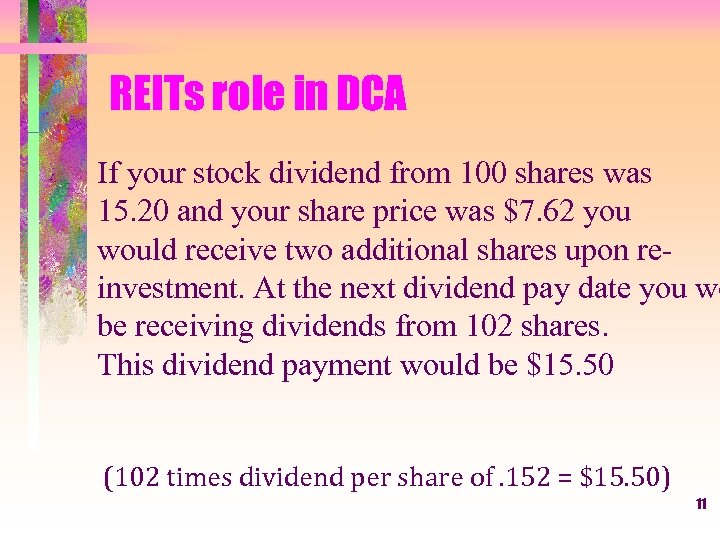 REITs role in DCA If your stock dividend from 100 shares was 15. 20