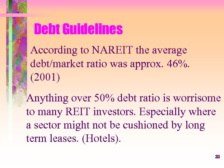 Debt Guidelines According to NAREIT the average debt/market ratio was approx. 46%. (2001) Anything