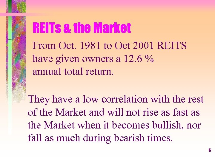REITs & the Market From Oct. 1981 to Oct 2001 REITS have given owners