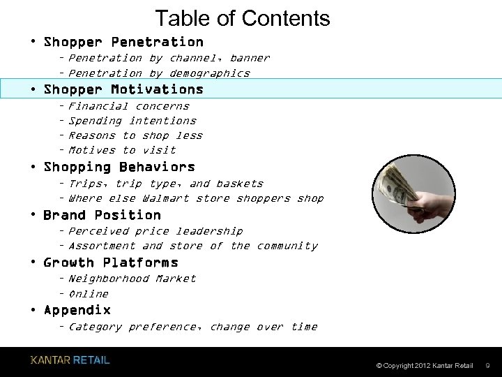 Table of Contents • Shopper Penetration – Penetration by channel, banner – Penetration by