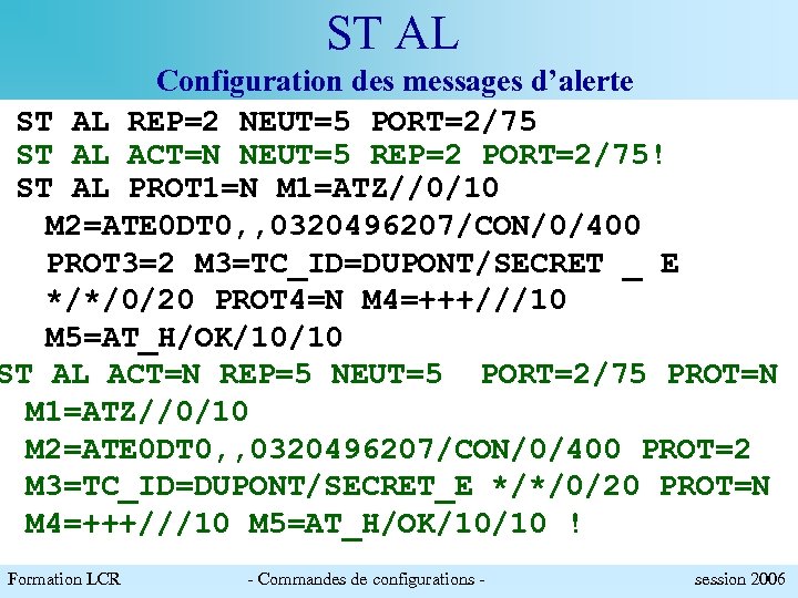ST AL Configuration des messages d’alerte ST AL REP=2 NEUT=5 PORT=2/75 ST AL ACT=N