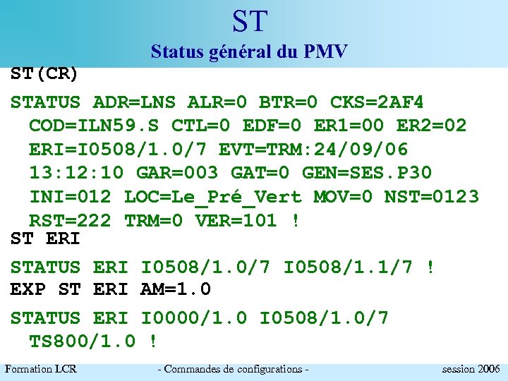 ST Status général du PMV ST(CR) STATUS ADR=LNS ALR=0 BTR=0 CKS=2 AF 4 COD=ILN