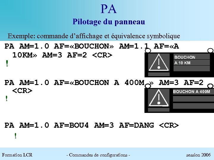 PA Pilotage du panneau Exemple: commande d’affichage et équivalence symbolique PA AM=1. 0 AF=
