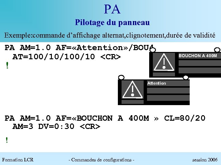 PA Pilotage du panneau Exemple: commande d’affichage alternat, clignotement, durée de validité PA AM=1.