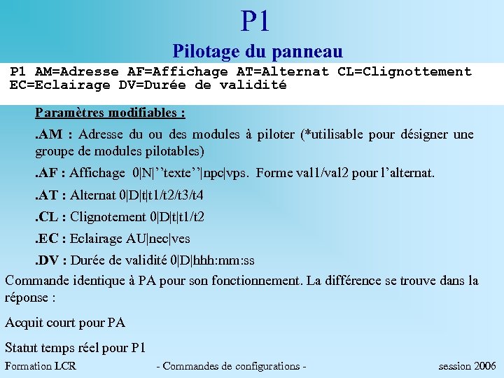 P 1 Pilotage du panneau P 1 AM=Adresse AF=Affichage AT=Alternat CL=Clignottement EC=Eclairage DV=Durée de