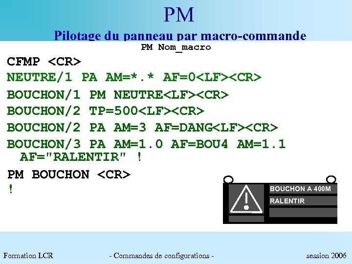 PM Pilotage du panneau par macro-commande PM Nom_macro CFMP <CR> NEUTRE/1 PA AM=*. *