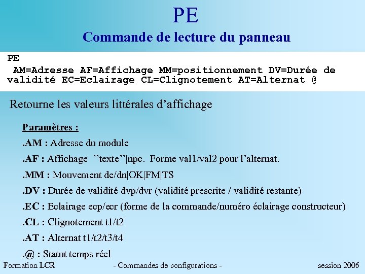 PE Commande de lecture du panneau PE AM=Adresse AF=Affichage MM=positionnement DV=Durée de validité EC=Eclairage