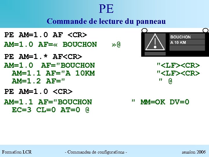 PE Commande de lecture du panneau PE AM=1. 0 AF <CR> AM=1. 0 AF=