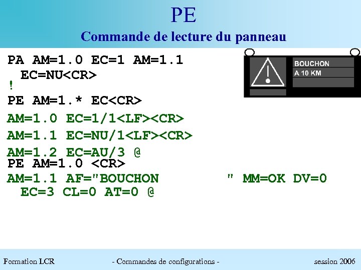 PE Commande de lecture du panneau PA AM=1. 0 EC=1 AM=1. 1 EC=NU<CR> !