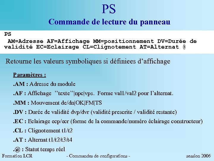 PS Commande de lecture du panneau PS AM=Adresse AF=Affichage MM=positionnement DV=Durée de validité EC=Eclairage