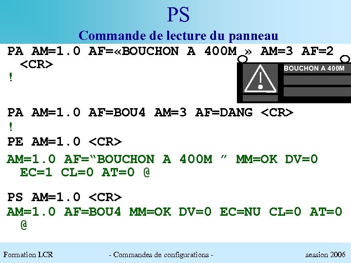 PS Commande de lecture du panneau PA AM=1. 0 AF= «BOUCHON A 400 M