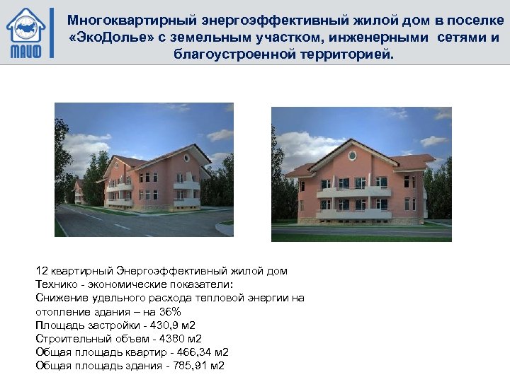 Многоквартирный энергоэффективный жилой дом в поселке «Эко. Долье» с земельным участком, инженерными сетями и
