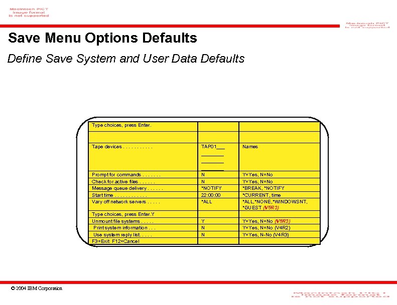 Save Menu Options Defaults Define Save System and User Data Defaults Type choices, press