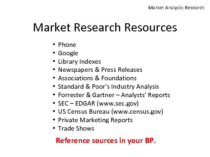 Market Analysis: Research Market Research Resources • • • Phone Google Library Indexes Newspapers