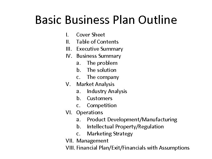 Basic Business Plan Outline I. III. IV. Cover Sheet Table of Contents Executive Summary