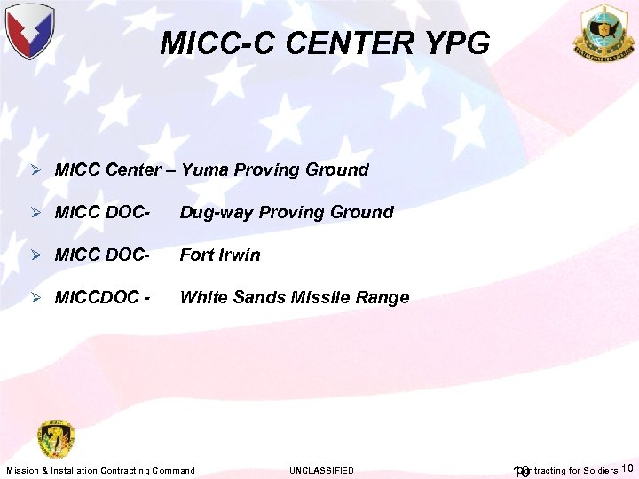 MICC-C CENTER YPG Ø MICC Center – Yuma Proving Ground Ø MICC DOC- Dug-way