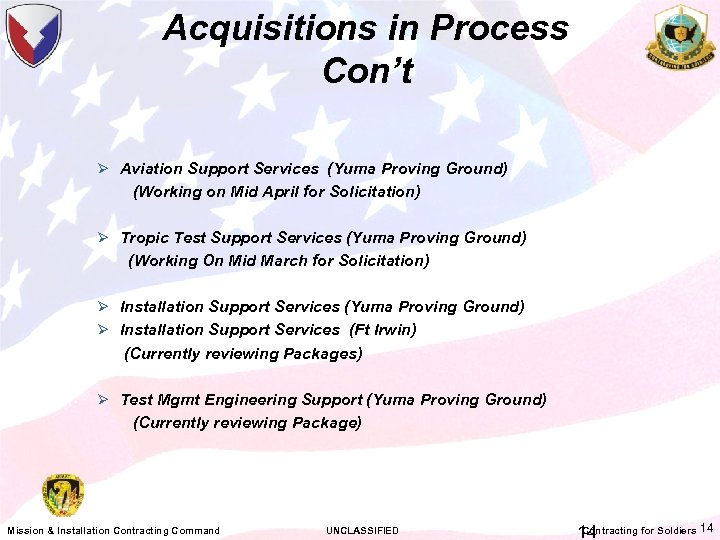 Acquisitions in Process Con’t Ø Aviation Support Services (Yuma Proving Ground) (Working on Mid