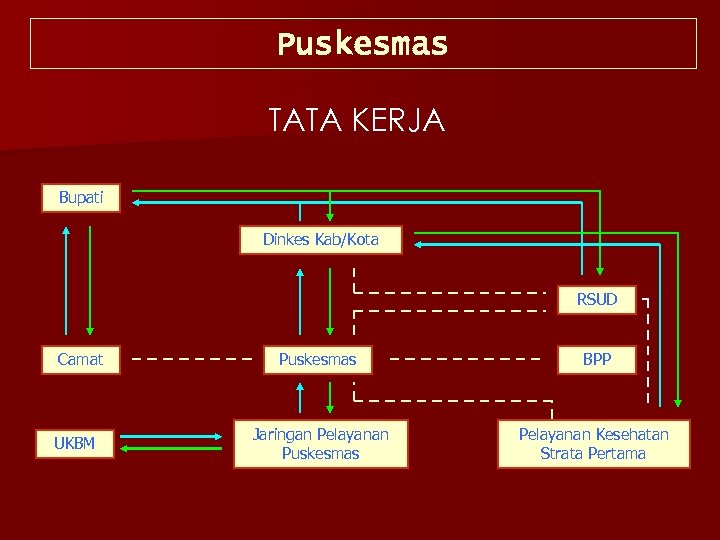 Puskesmas TATA KERJA Bupati Dinkes Kab/Kota RSUD Camat UKBM Puskesmas BPP Jaringan Pelayanan Puskesmas