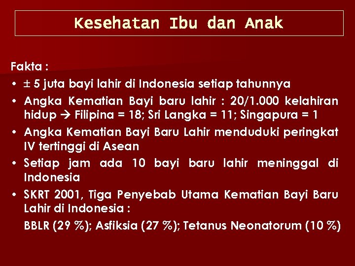 Kesehatan Ibu dan Anak Fakta : • 5 juta bayi lahir di Indonesia setiap