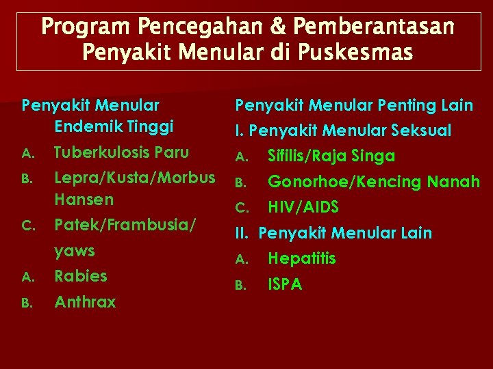 Program Pencegahan & Pemberantasan Penyakit Menular di Puskesmas Penyakit Menular Endemik Tinggi Penyakit Menular
