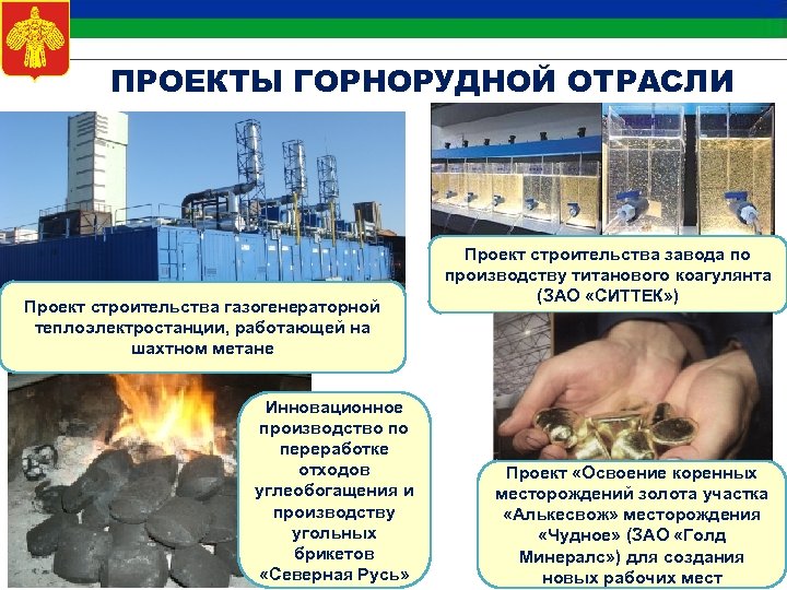 ПРОЕКТЫ ГОРНОРУДНОЙ ОТРАСЛИ Проект строительства газогенераторной теплоэлектростанции, работающей на шахтном метане Инновационное производство по