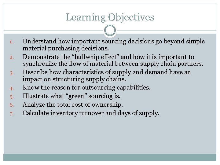 Learning Objectives 1. 2. 3. 4. 5. 6. 7. Understand how important sourcing decisions