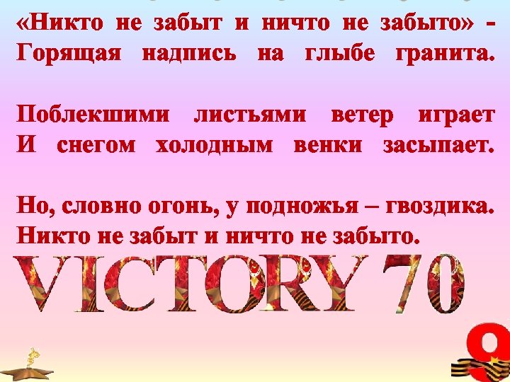  «Никто не забыт и ничто не забыто» Горящая надпись на глыбе гранита. Поблекшими